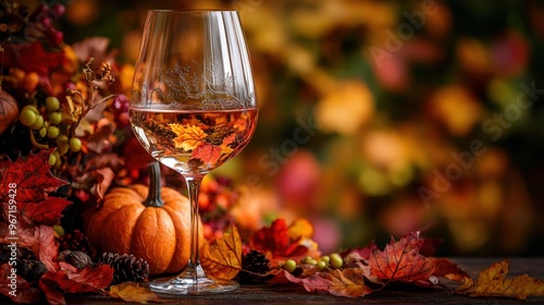 A beautiful wine glass filled with rose sits amidst vibrant Thanksgiving themed arrangement of autumn leaves, pumpkins, and berries, evoking warm, festive atmosphere. 