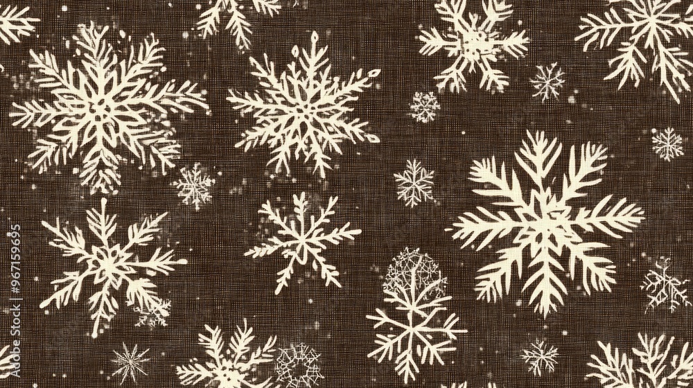 Seamless woven linen pattern featuring Christmas snowflakes Two tone brown background with a farmhouse frost theme Holiday textile design for repeated French Christmas motifs Seamless woven linen pattern featuring Christmas snowflakes Two tone brown background with a farmhouse frost theme Holiday textile design for repeated French Christmas motifs