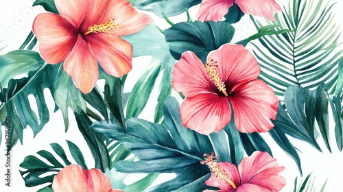Wallpaper Mural Seamless watercolor pattern featuring tropical flowers Exquisite allover print with hand drawn exotic plants ideal for swimwear botanical design Torontodigital.ca