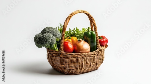 A wicker basket packed with garden-fresh vegetables: broccoli, tomatoes, onions, and peppers, isolated on a pure white studio background