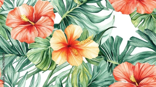 Seamless watercolor pattern featuring tropical leaves and flowers Elegant allover design with hand drawn exotic plants ideal for various surface applications