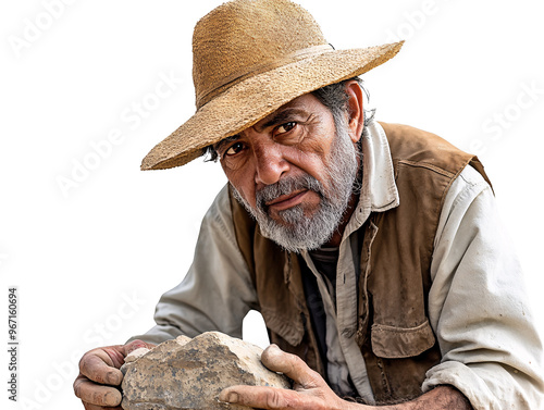 a man holding a rock photo