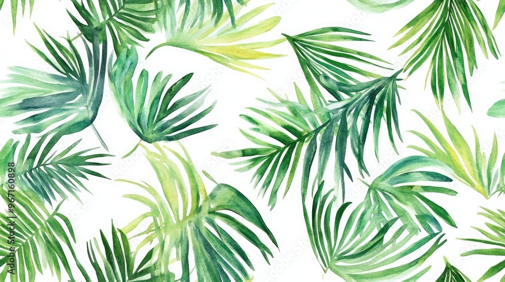 Seamless watercolor tropical pattern featuring palm leaves on a white background ideal for summer and festive theme compositions Seamless watercolor tropical pattern featuring palm leaves on a white background ideal for summer and festive theme compositions