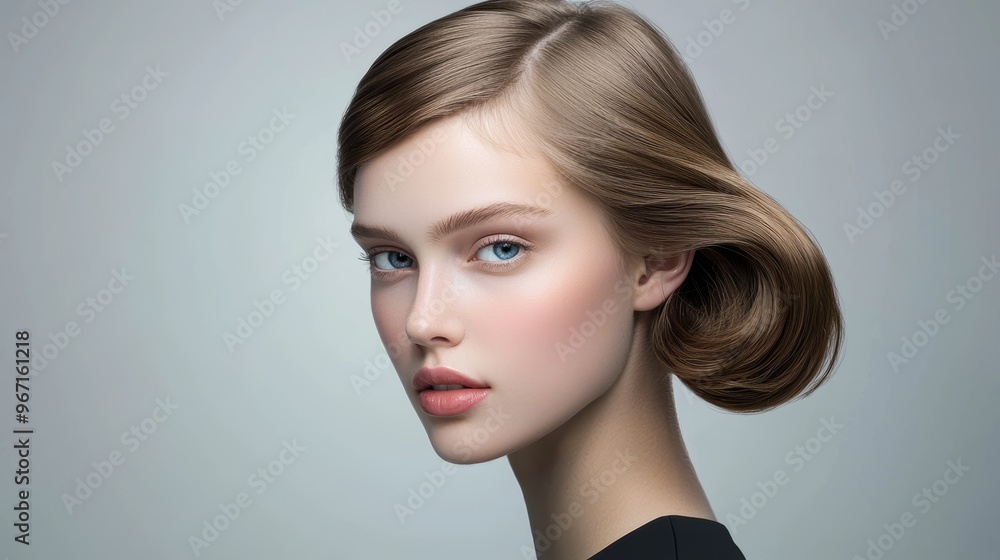 Fototapeta premium How can the soft wave and symmetry of the hairstyle reflect classic beauty standards while incorporating modern hair trends