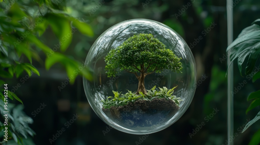 How does the floating effect of the earth and tree in the glass dome emphasize the delicate balance required to maintain the planet's ecosystems, How does the floating effect of the earth and tree in the glass dome emphasize the delicate balance required to maintain the planet's ecosystems,