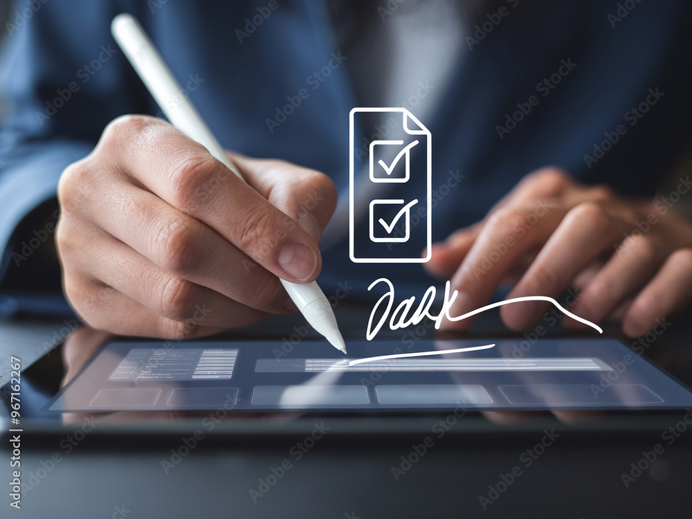 © ontsunan - Business professional digitally signing a document on a tablet with a stylus, emphasizing electronic signature and online agreement. © ontsunan - Business professional digitally signing a document on a tablet with a stylus, emphasizing electronic signature and online agreement.