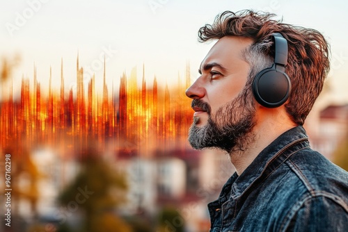 Neural connectivity neural pathways cognitive flow and neural resonance man with glowing orange neural energy waves visualizing sound processing and cognitive flow photo