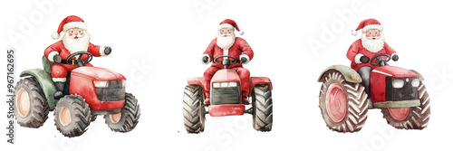 Watercolor Christmas Farm, Playful Christmas tractors featuring Santa Claus, perfect for holiday designs and festive decorations. Fun and cheerful imagery.