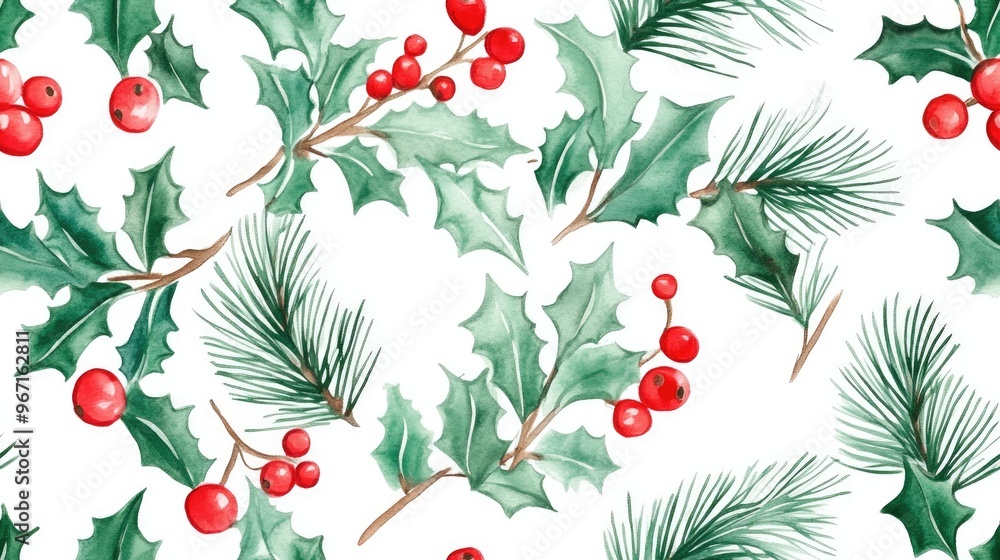 Seamless watercolor Christmas pattern featuring holly and pine twigs Festive design element Hand drawn Seamless watercolor Christmas pattern featuring holly and pine twigs Festive design element Hand drawn