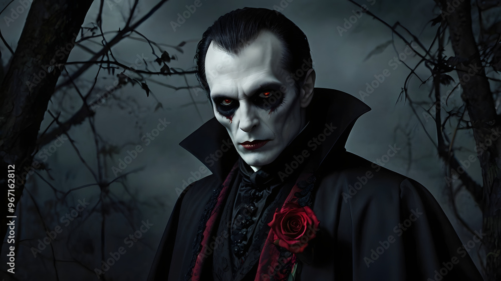 Sinister Vampire Portrait with Dramatic Red Eyes in Haunted Forest Sinister Vampire Portrait with Dramatic Red Eyes in Haunted Forest