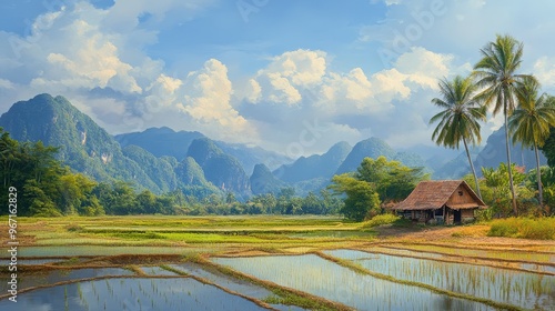 Scenic rural landscape with mountains, rice fields, and a traditional hut under a clear blue sky, showcasing natural beauty and tranquility.