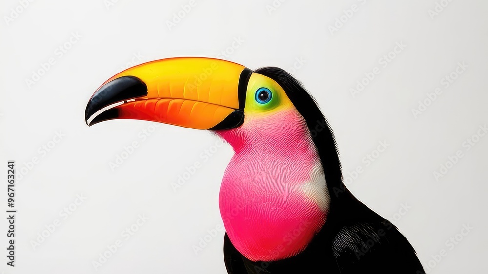 A radiant pink toucan with a colorful beak perches isolated on a white background A radiant pink toucan with a colorful beak perches isolated on a white background