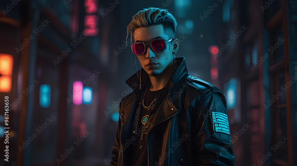 Stylish Man in Cyberpunk Setting With Neon Lights Stylish Man in Cyberpunk Setting With Neon Lights