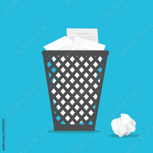 Paper in metal basket bin. Crumpled paper thrown in trash can. Overflowing waste paper in office garbage bin. Junk, wastepaper in rubbish. Vector illustration
