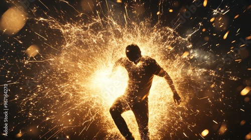 Silhouette of person enveloped in a vibrant explosion of golden sparks, evoking energy, power, and dynamic motion.