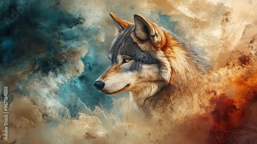 Stunning digital artwork of a wolf head surrounded by colorful clouds in a majestic, mystical atmosphere. Perfect for magical fantasy themes.