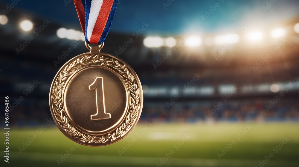 Gold first place medal with a detailed ribbon and intricate border, displayed prominently in the foreground, blurred sports field background with stadium lights and cheering fans, spotlight effect on Gold first place medal with a detailed ribbon and intricate border, displayed prominently in the foreground, blurred sports field background with stadium lights and cheering fans, spotlight effect on