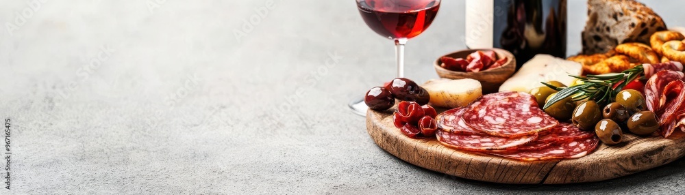 A delightful charcuterie board with assorted meats, olives, bread, and red wine, perfect for elegant gatherings and celebrations.