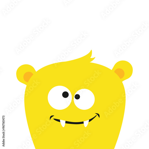 Cute monster face head. Happy Halloween. Kawaii funny yellow baby monster photo