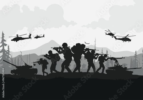 Soldiers vector, military vector illustration, Army background, soldiers silhouettes.