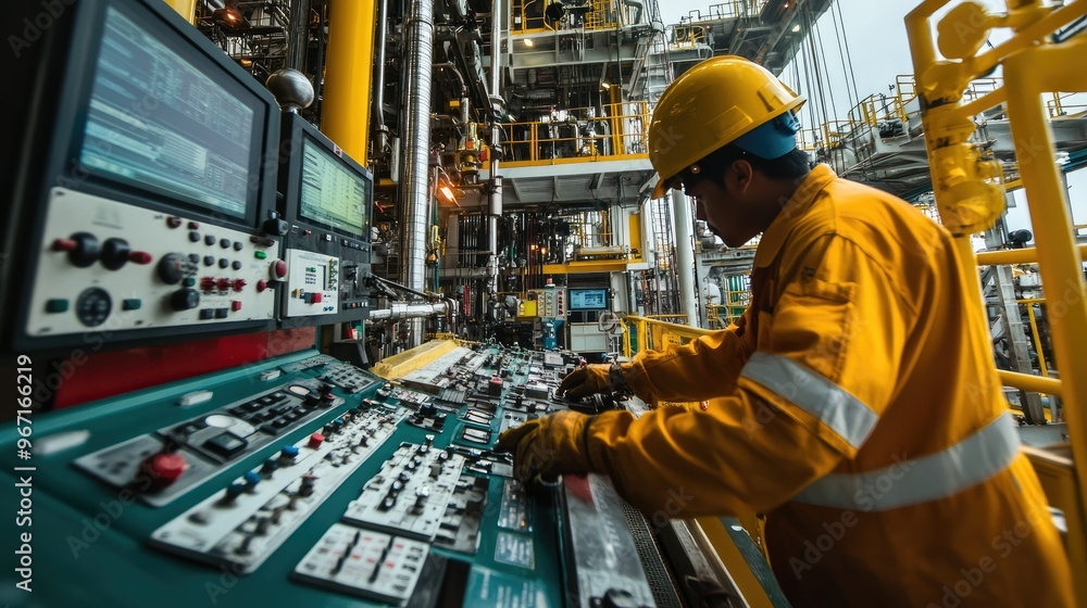 Close-up of the central production platform's drilling operations in Indonesia, with heavy machinery and control panels Close-up of the central production platform's drilling operations in Indonesia, with heavy machinery and control panels