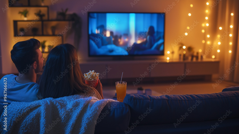 A young couple cuddled up on a modern sectional sofa with blankets, popcorn, and drinks, watching a movie on a large flat-screen TV. The living room is dimly lit with soft lighting A young couple cuddled up on a modern sectional sofa with blankets, popcorn, and drinks, watching a movie on a large flat-screen TV. The living room is dimly lit with soft lighting
