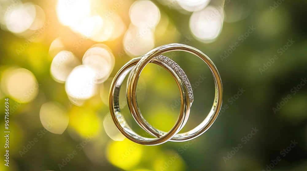 Close-up of two wedding bands intertwined on a sunny day, with a blurred green garden in the background, creating a romantic scene Close-up of two wedding bands intertwined on a sunny day, with a blurred green garden in the background, creating a romantic scene