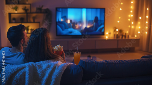 A young couple cuddled up on a modern sectional sofa with blankets, popcorn, and drinks, watching a movie on a large flat-screen TV. The living room is dimly lit with soft lighting