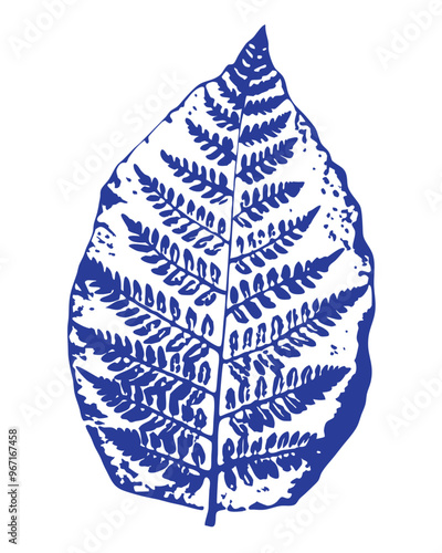 A detailed close-up of a blue fossilized fern leaf.