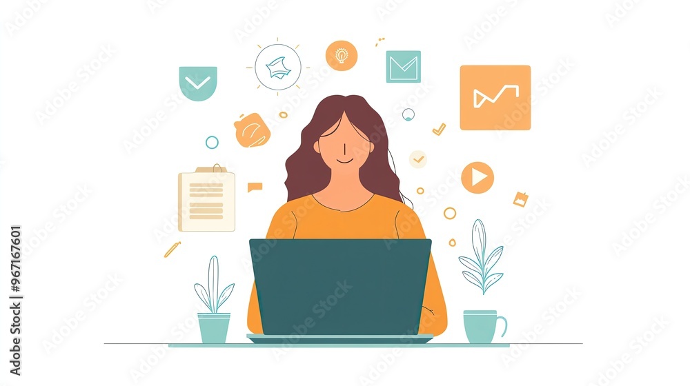 A woman works on a laptop, surrounded by digital icons representing communication, data, and technology in a bright workspace. A woman works on a laptop, surrounded by digital icons representing communication, data, and technology in a bright workspace.