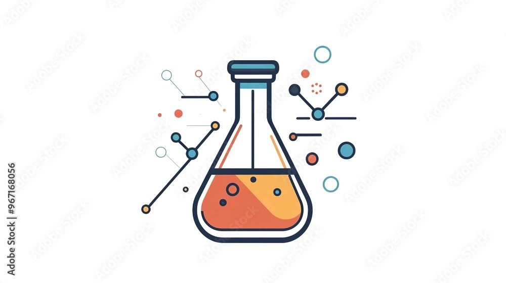 A modern and playful logo,featuring a chemistry flask as the central element. The design integrates subtle graphic design symbols such as a pen tool, pixels, A modern and playful logo,featuring a chemistry flask as the central element. The design integrates subtle graphic design symbols such as a pen tool, pixels,