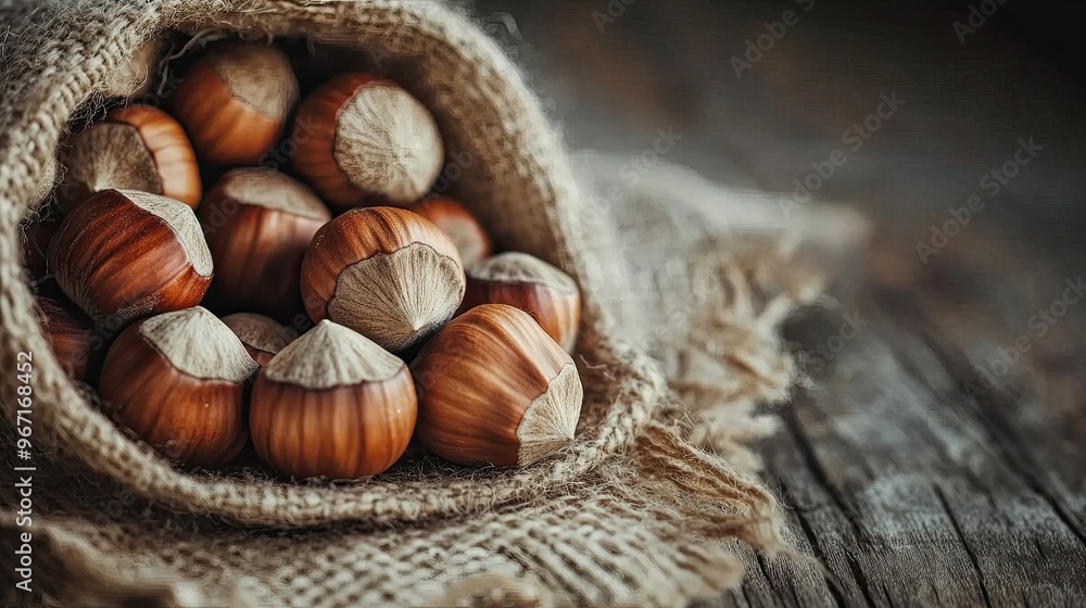 Fototapeta premium Closeup of whole hazelnuts in a rustic setting, showcasing their benefits for a healthy diet and nutrition, ideal for health-conscious food visuals