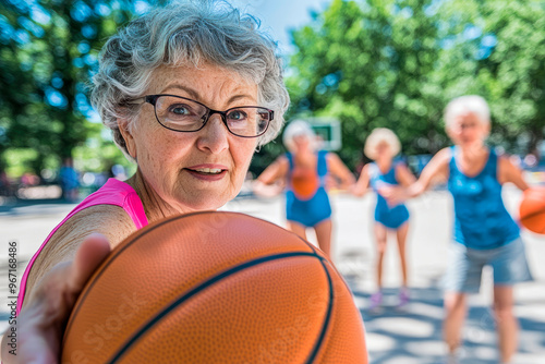 Senior woman playing basketball on an outdoor court photo