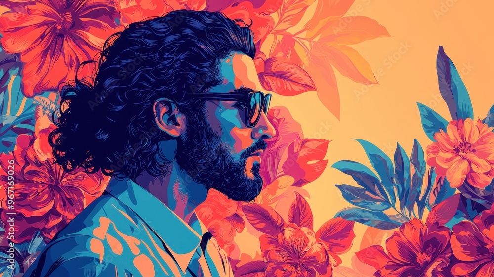 Fototapeta premium Retro Pop Art Style: Stylish Man in Side View Amid Lush Floral Background