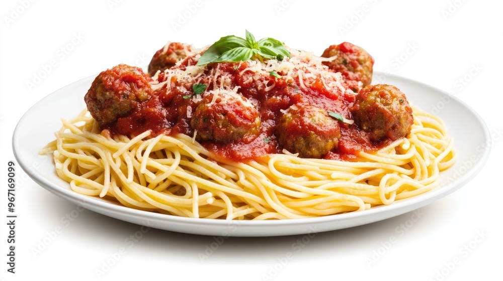 Concept of a mouthwatering plate of spaghetti with meatballs and marinara sauce, isolated in PNG format on a clean white background Concept of a mouthwatering plate of spaghetti with meatballs and marinara sauce, isolated in PNG format on a clean white background