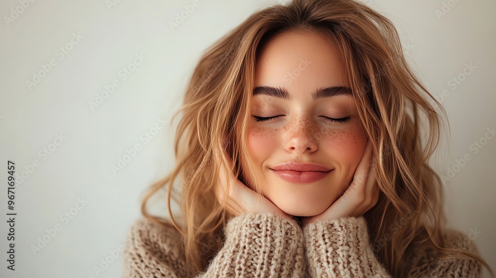 A cheerful young woman with curly hair, gently smiling with closed eyes, radiating warmth and joy in a cozy atmosphere. A cheerful young woman with curly hair, gently smiling with closed eyes, radiating warmth and joy in a cozy atmosphere.