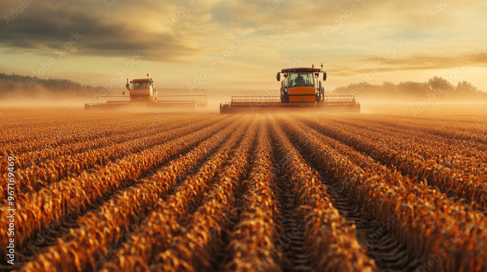 Farmers harvesting crops in a vast field with modern machinery Farmers harvesting crops in a vast field with modern machinery