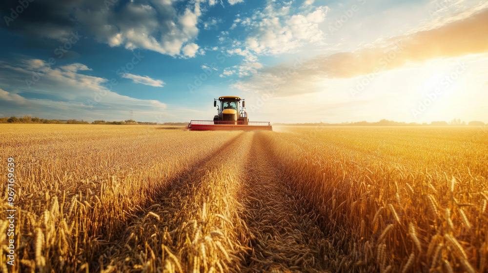 Fototapeta premium Farmers harvesting crops in a vast field with modern machinery