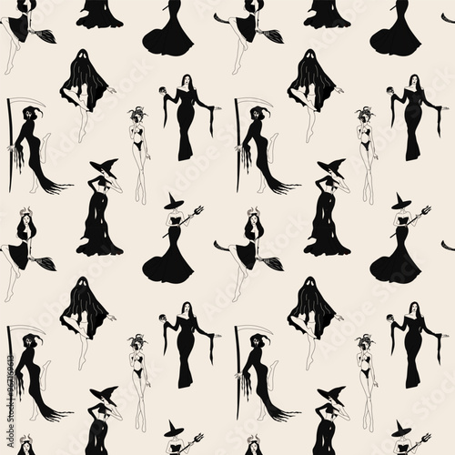 Seamless pattern with Witches. Cute ladies in retro style