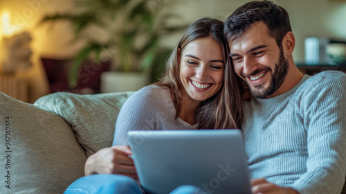 Couple enjoying leisure time together while using a laptop on a cozy couch in a warmly lit living room