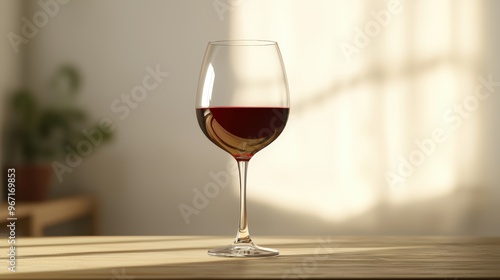 A wine glass filled with red wine sits elegantly on wooden table, illuminated by soft natural light. scene evokes warm and inviting atmosphere, perfect for relaxation. 