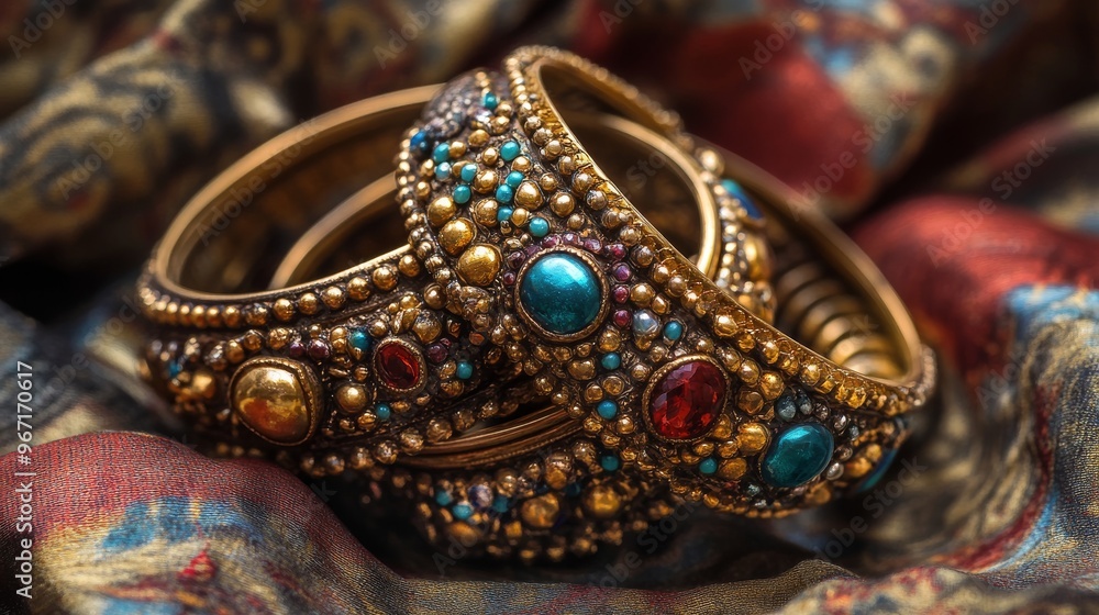 Closeup of Ornate Gold Bangles with Turquoise and Red Gemstones Closeup of Ornate Gold Bangles with Turquoise and Red Gemstones