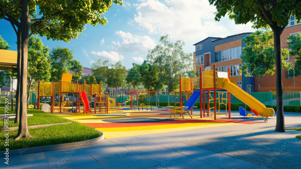 Bright playground with slides and swings during a sunny afternoon in a suburban area Bright playground with slides and swings during a sunny afternoon in a suburban area