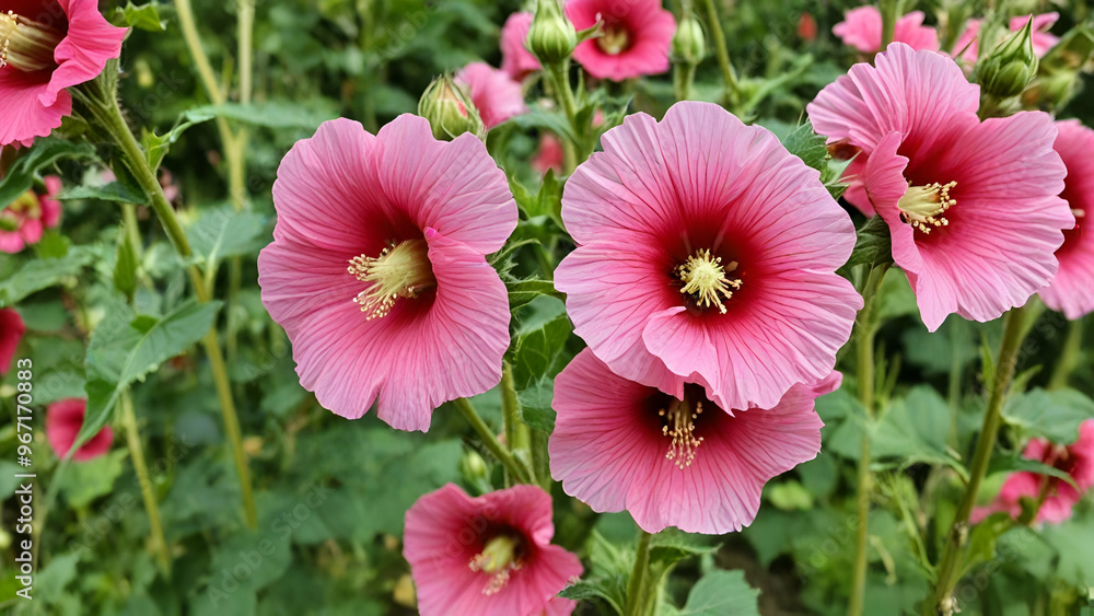 Flowers Holly Hock pink in the garden Closeup of blooming pink hollyhock flowers with water drops slowly waving in the wind after a rain shower forest background,
Flowers Holly Hock pink in the garden Closeup of blooming pink hollyhock flowers with water drops slowly waving in the wind after a rain shower forest background,