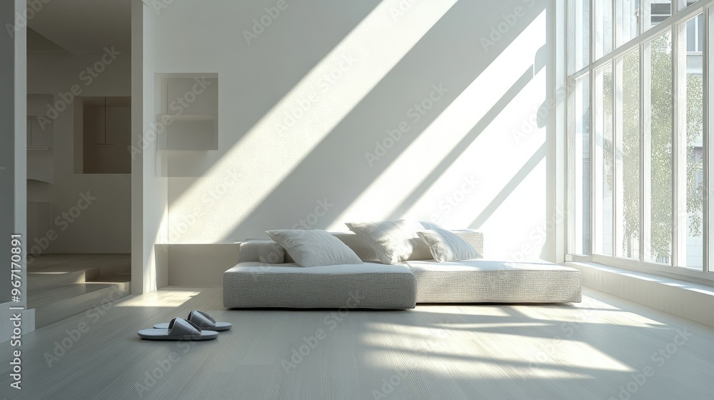 Contemporary white apartment with a minimalist living room, featuring a gray sofa and slippers, sunlight streaming in, open and inviting space Contemporary white apartment with a minimalist living room, featuring a gray sofa and slippers, sunlight streaming in, open and inviting space