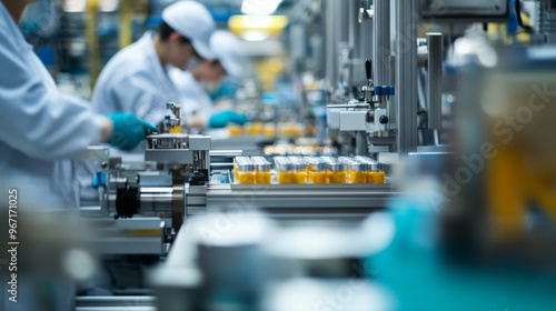 A production line in a factory with workers adding components to a final product