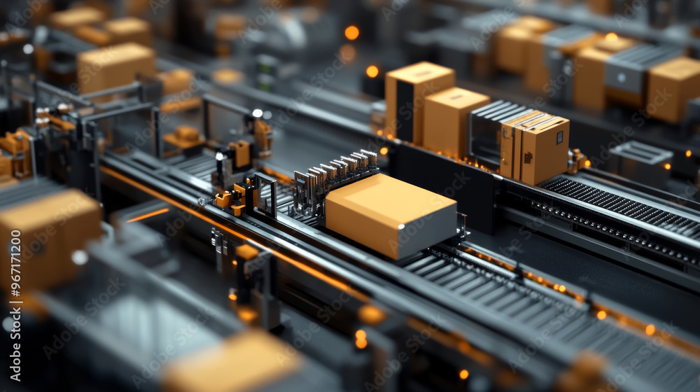 A detailed view of an assembly line with various stages of product assembly A detailed view of an assembly line with various stages of product assembly