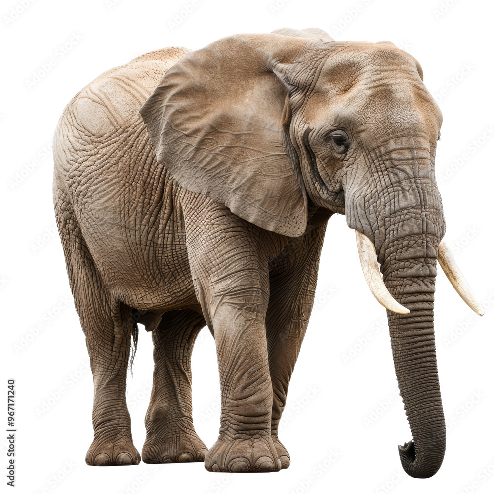 Obraz premium A majestic elephant standing gracefully in a natural setting during daylight, showcasing its impressive tusks and textured skin
