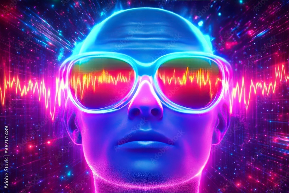 Connection aura human machine introspection and introspection neon bright mind expansion with futuristic glowing glasses and vibrant colors symbolizing digital transformation Connection aura human machine introspection and introspection neon bright mind expansion with futuristic glowing glasses and vibrant colors symbolizing digital transformation