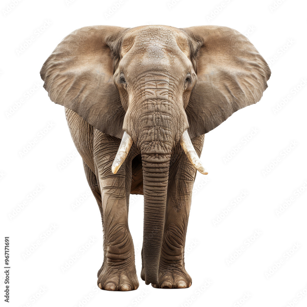 Fototapeta premium Majestic elephant standing tall in clear surroundings, showcasing its impressive tusks and large ears with a gentle expression